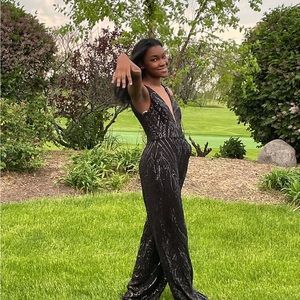 David’s bridal black sequences wide pant leg jumpsuit.